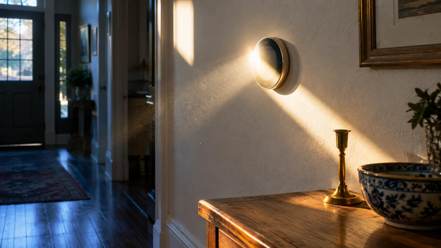 A round smart thermostat mounted in a hallway, illuminated directly by a bright beam of morning sunlight.