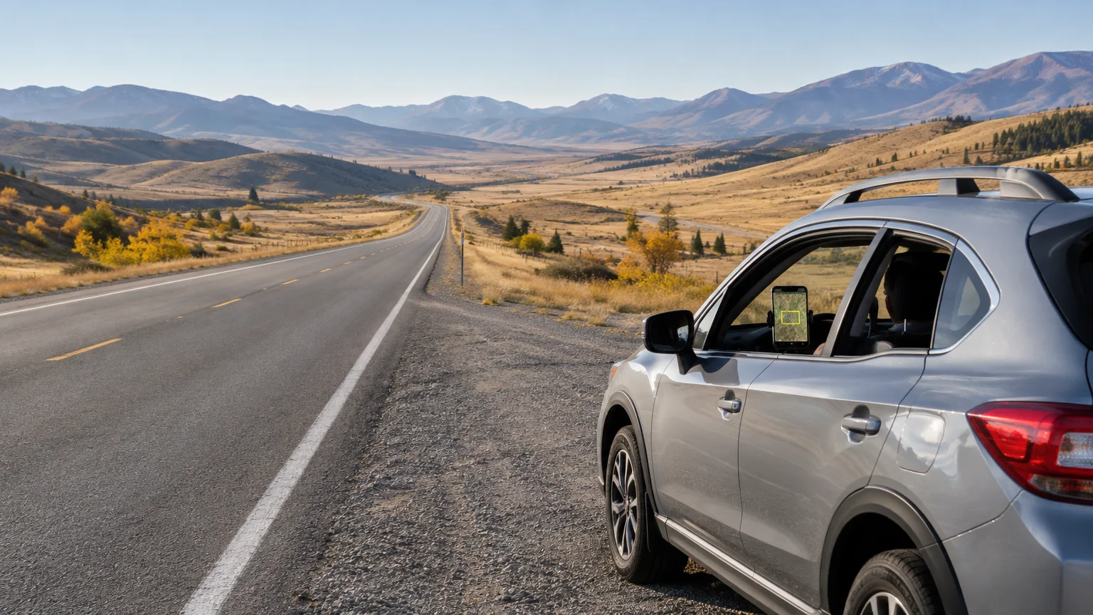 Car parked on a gravel shoulder beside an empty rural highway stretching through rolling hills toward distant mountains.