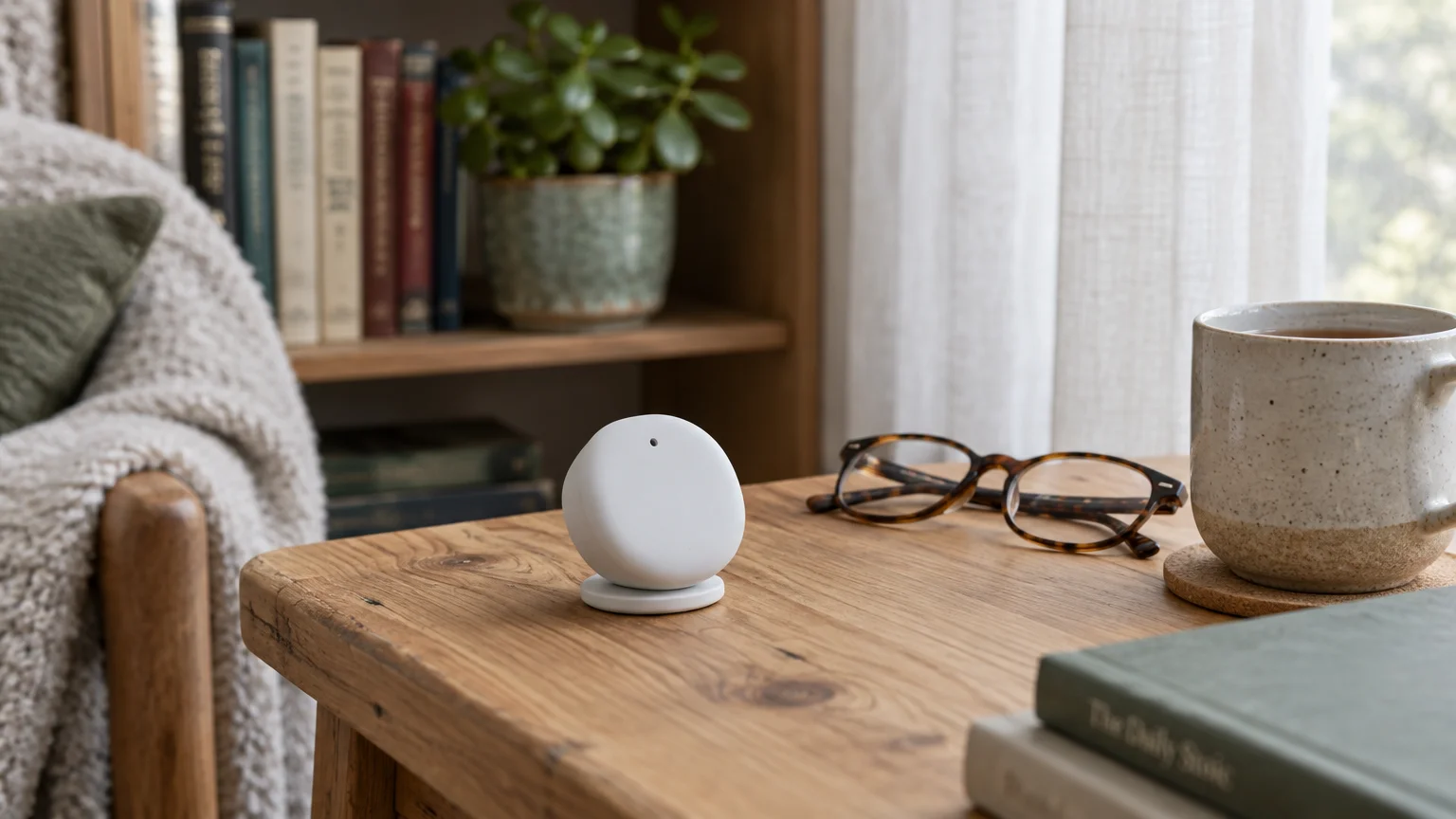 Small white circular remote temperature sensor on a wooden side table next to eyeglasses and a coffee mug.
