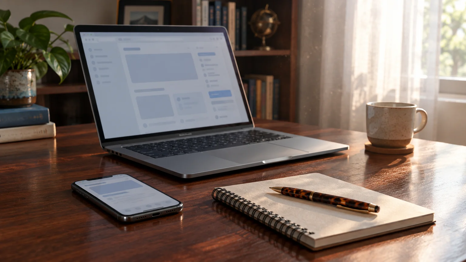 An open laptop, a smartphone, a spiral notebook with a pen, and a coffee mug sit on a wooden desk near a window.