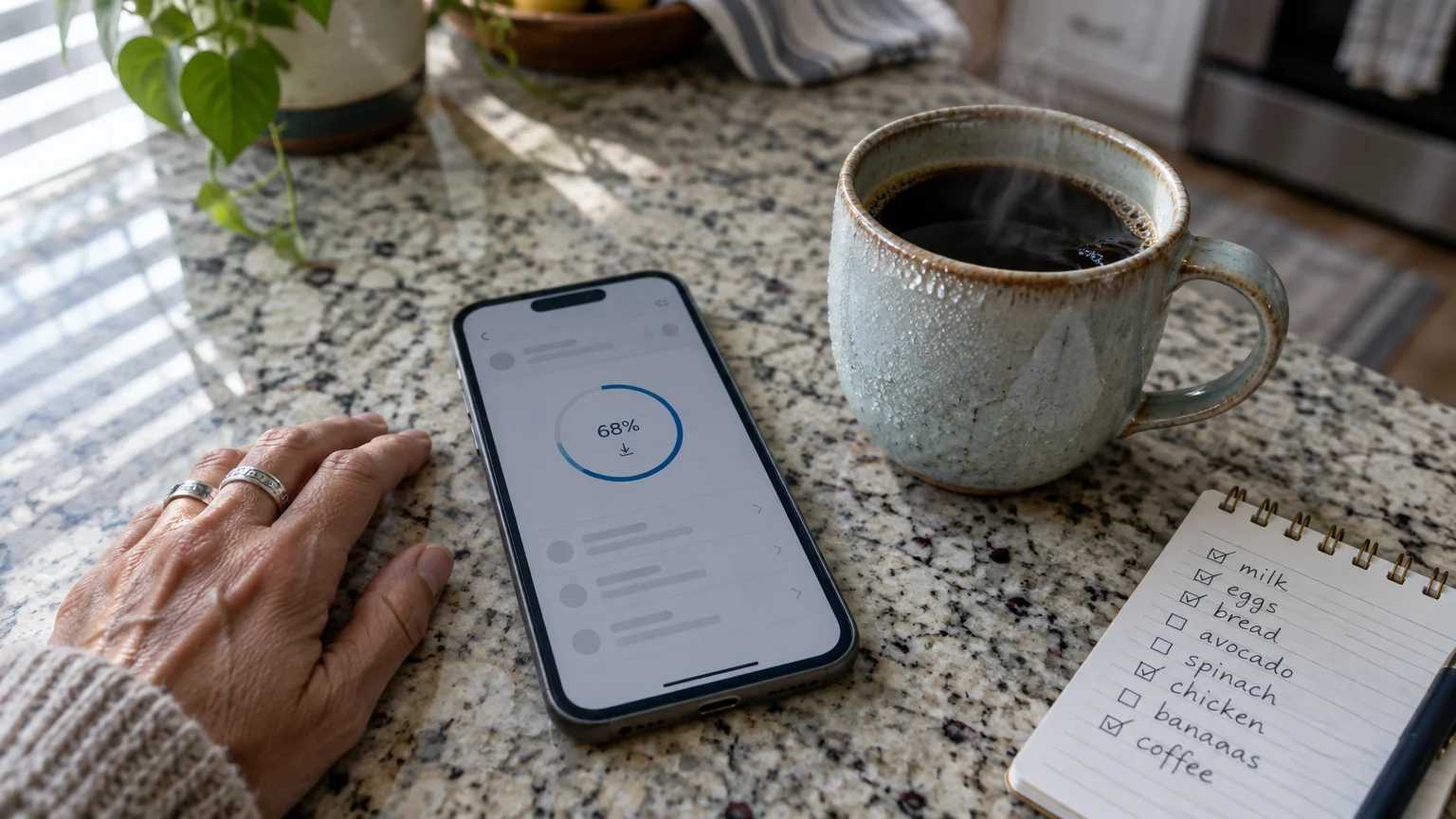Smartphone showing a download screen next to a steaming coffee mug and a handwritten grocery list on a granite counter.