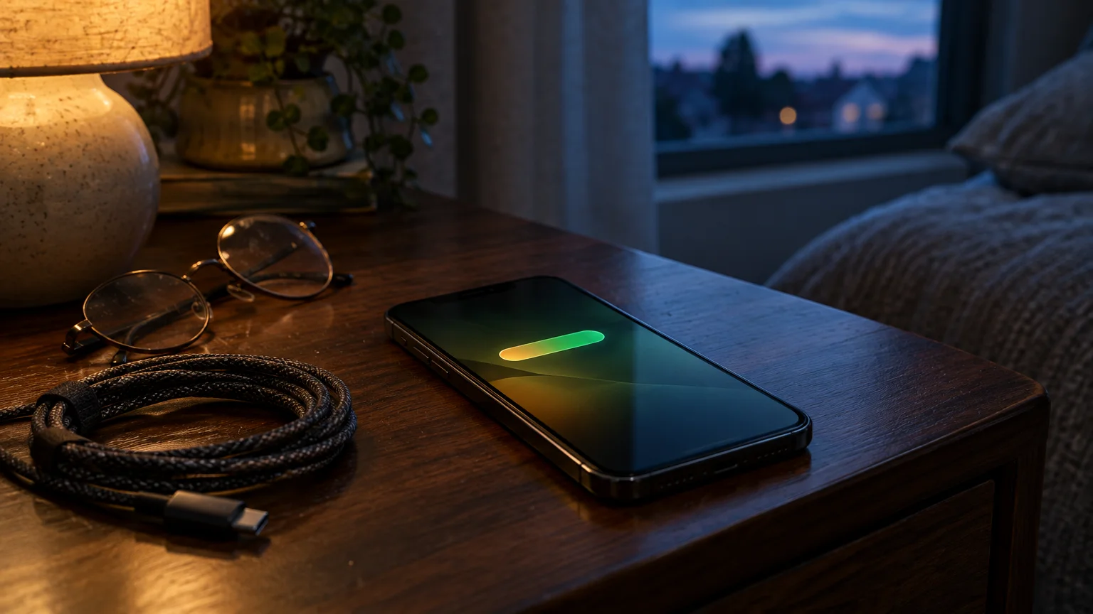 A smartphone resting on a wooden nightstand next to eyeglasses, a charging cable, and a glowing bedside lamp.