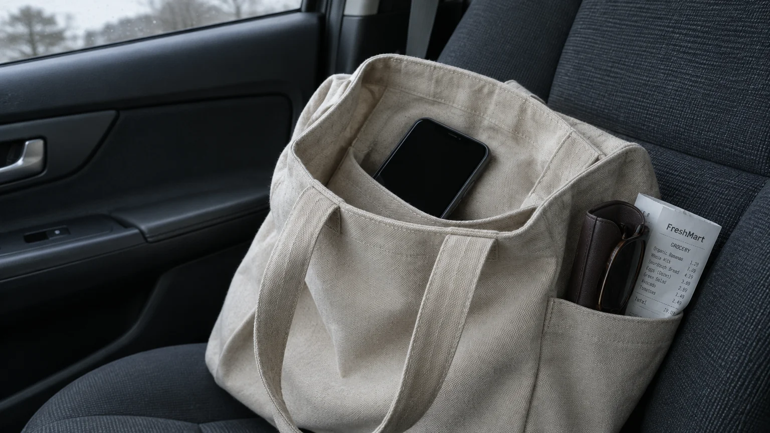 A smartphone rests inside an open canvas tote bag placed on a dark fabric car seat next to a receipt.