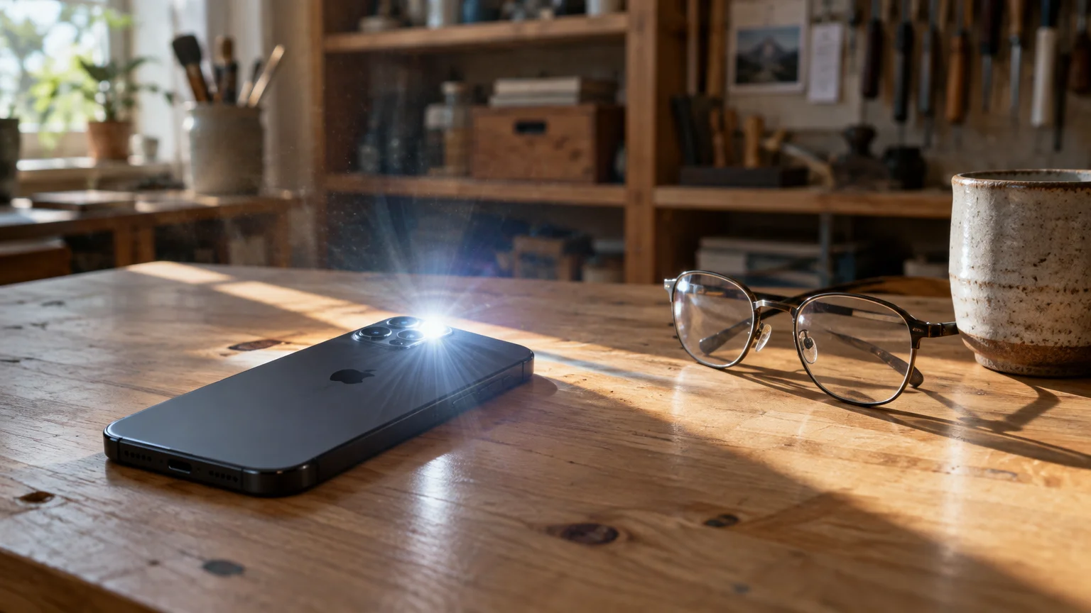 An iPhone lying face down on a wooden table with its rear camera flashlight turned on, beside eyeglasses and a mug.