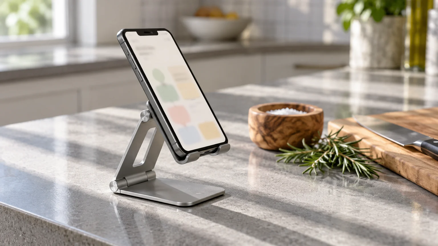 A smartphone rests in an adjustable silver stand on a kitchen counter next to a cutting board and herbs.