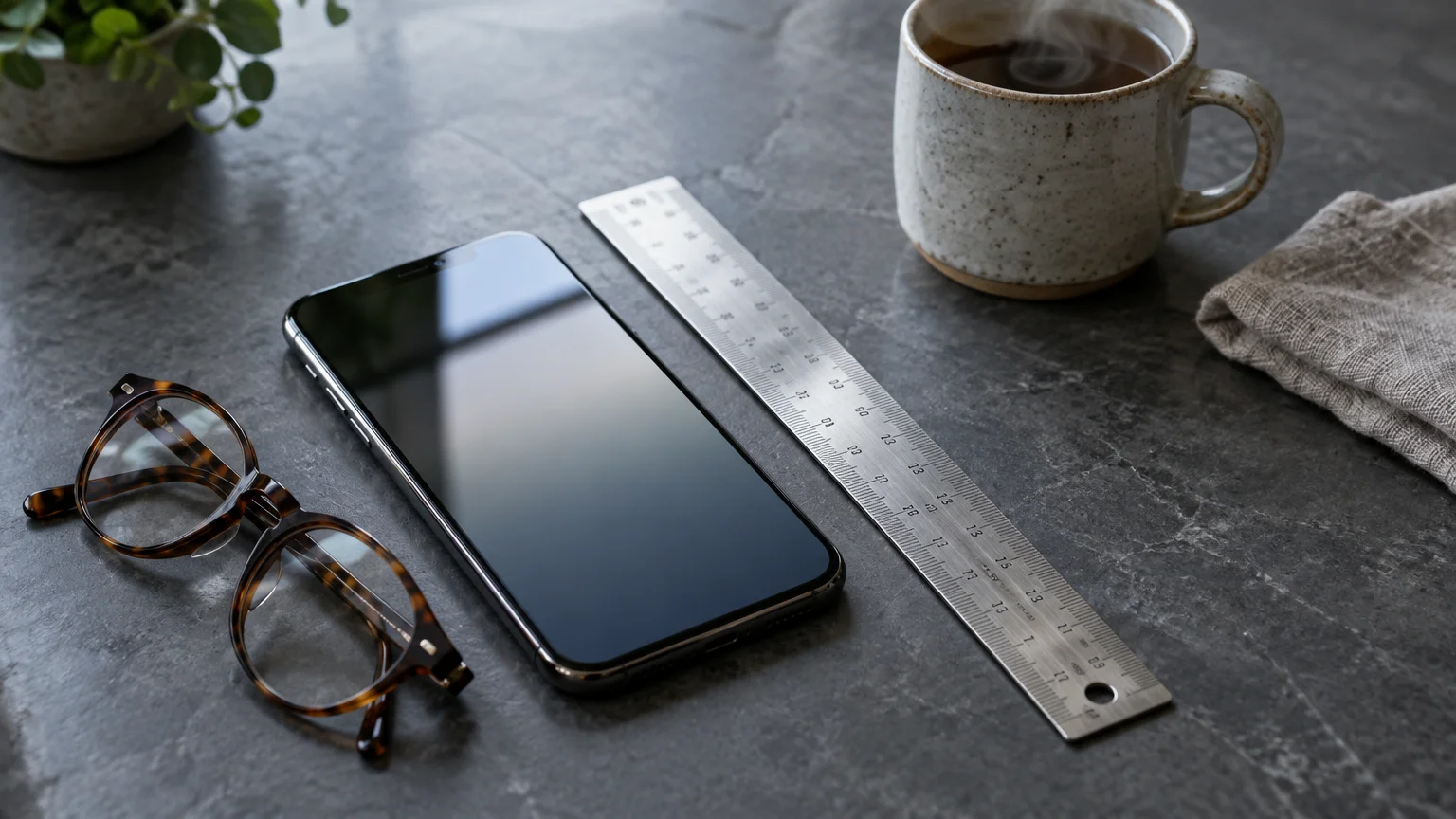 A smartphone lies on a dark countertop beside tortoiseshell eyeglasses, a metal ruler, and a steaming mug.