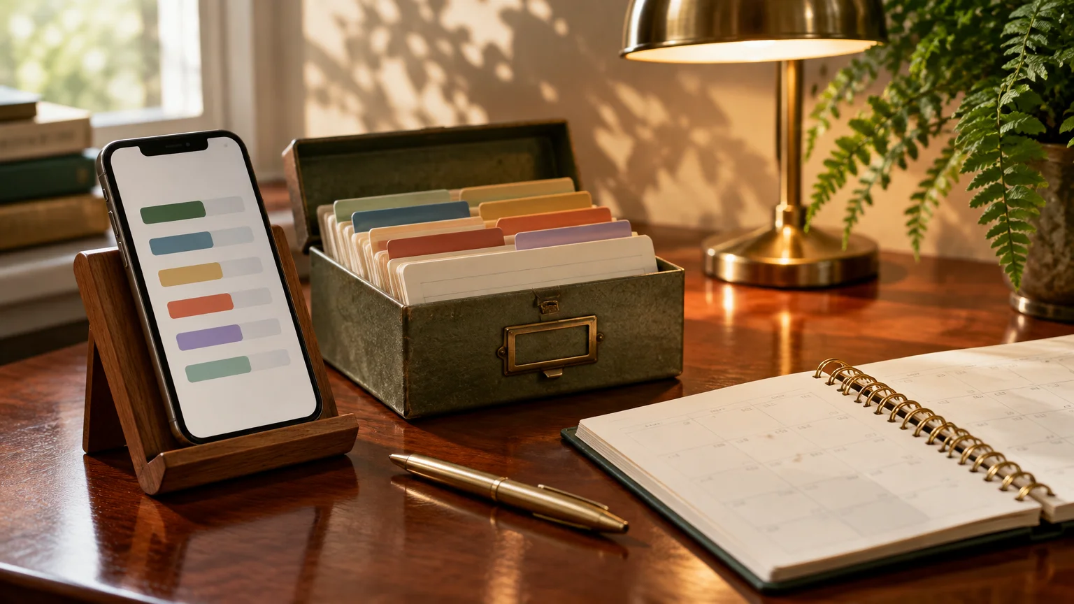 A smartphone on a wooden stand sits next to a vintage card index box, pen, and open planner on a desk.