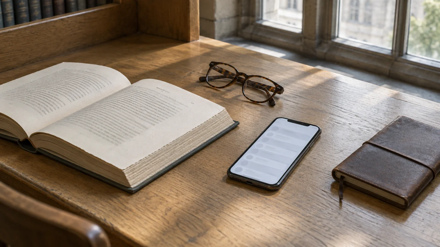 A smartphone, an open book, eyeglasses, and a leather notebook lie on a sunlit wooden desk.