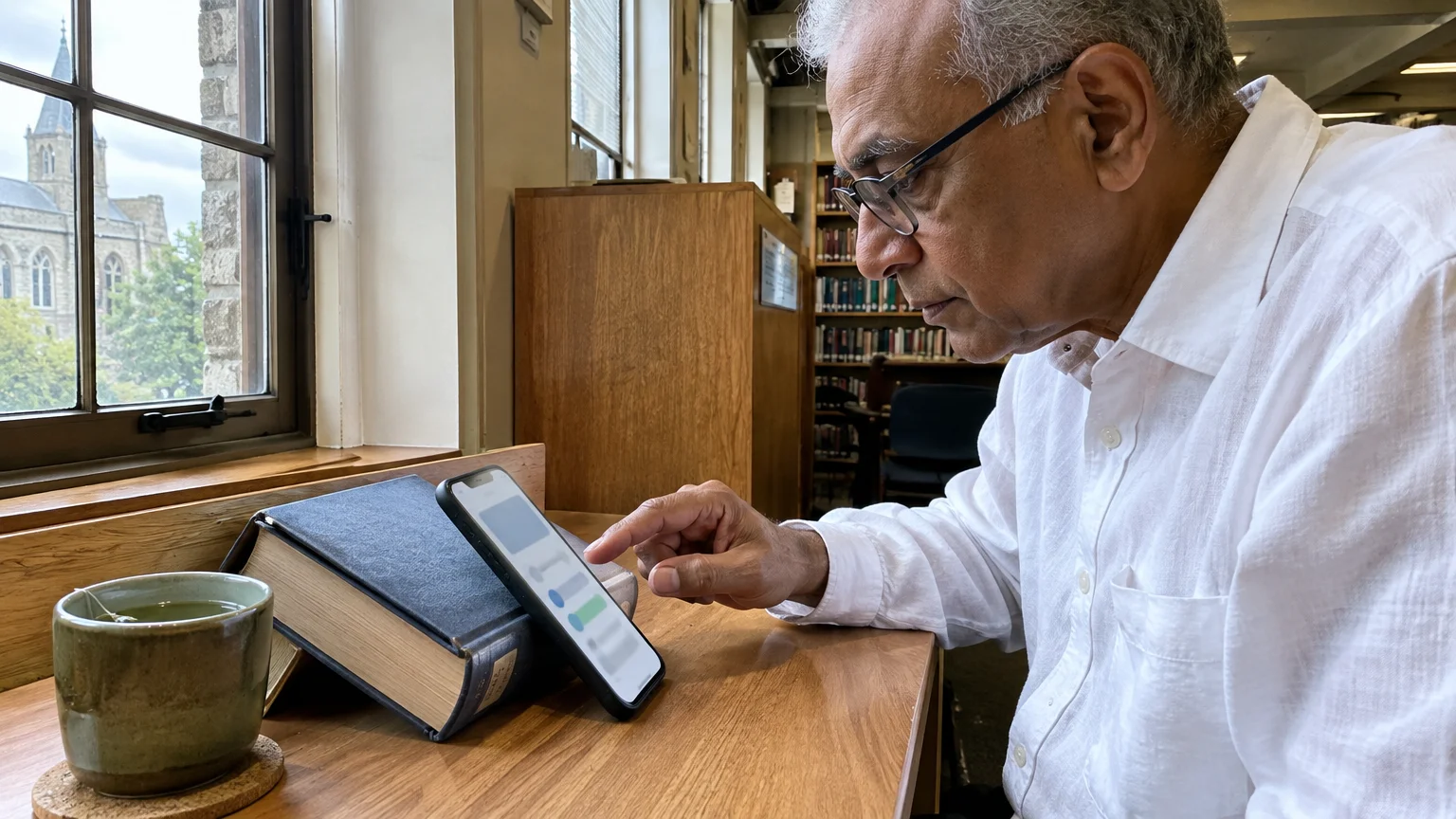 A man wearing glasses sits at a desk beside a window and taps the screen of an iPhone propped against a book.