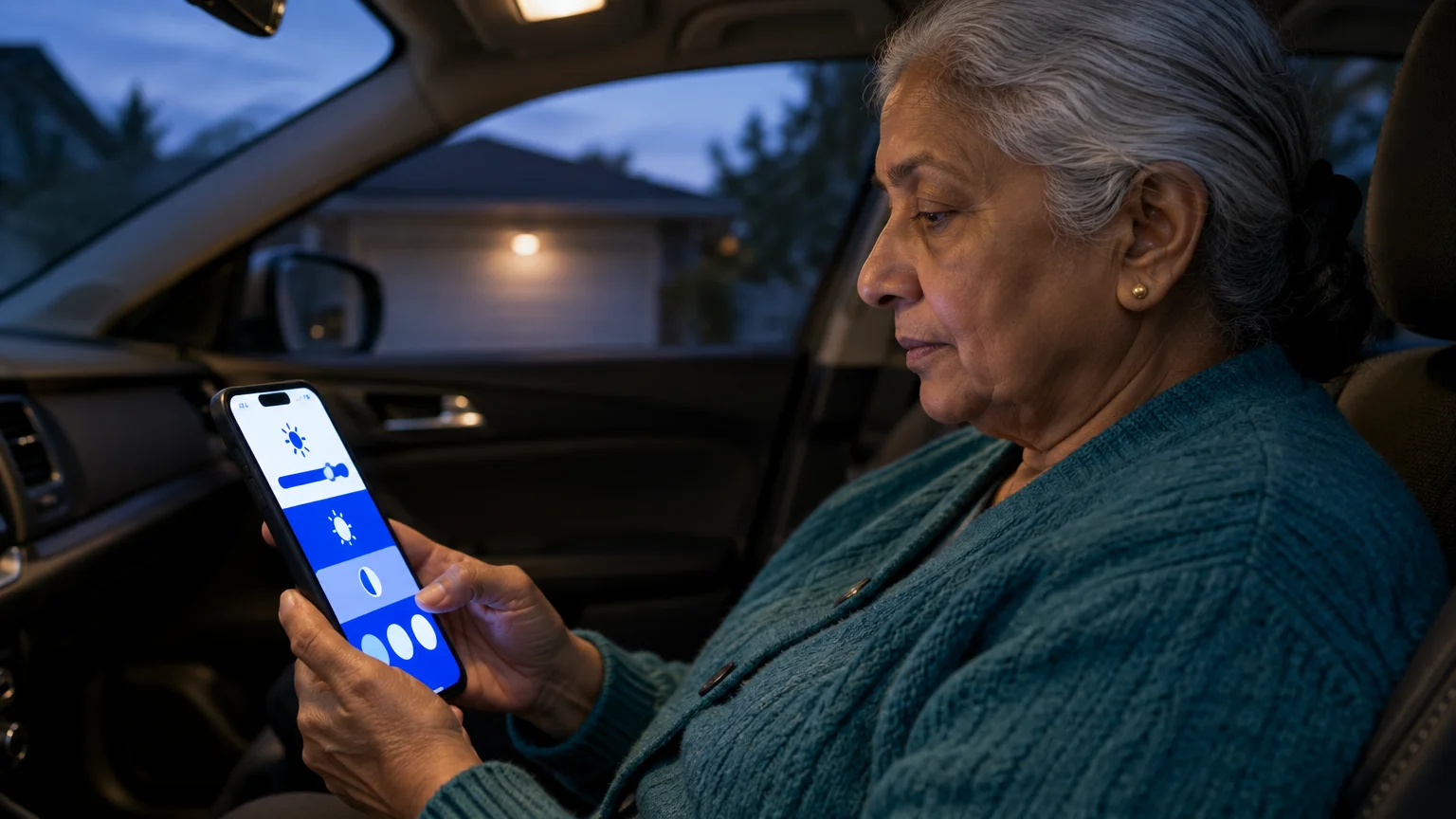 Senior woman sitting in a car at dusk, adjusting screen brightness controls on her smartphone.