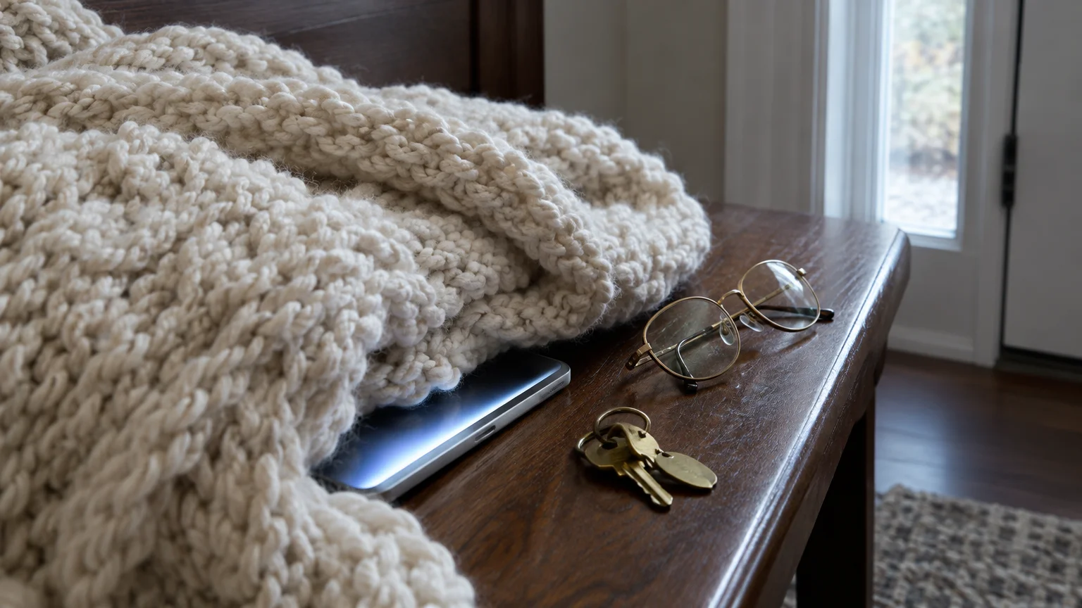 A phone glowing beneath a chunky knit blanket on a wooden table next to glasses and keys.