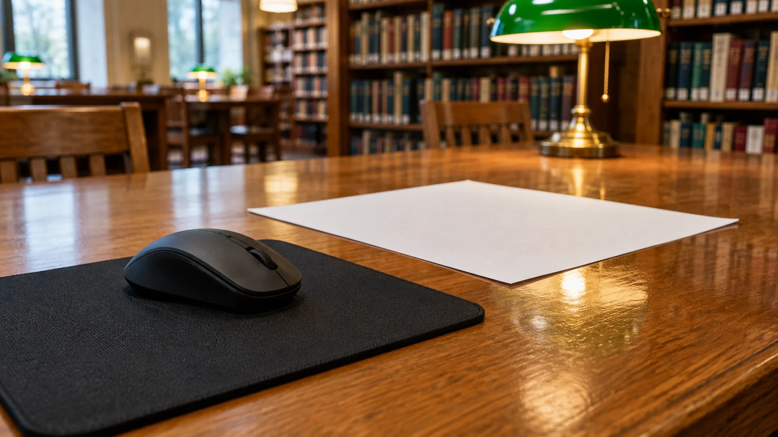 A wireless mouse rests on a black mousepad next to a sheet of white paper on a polished wooden library table.