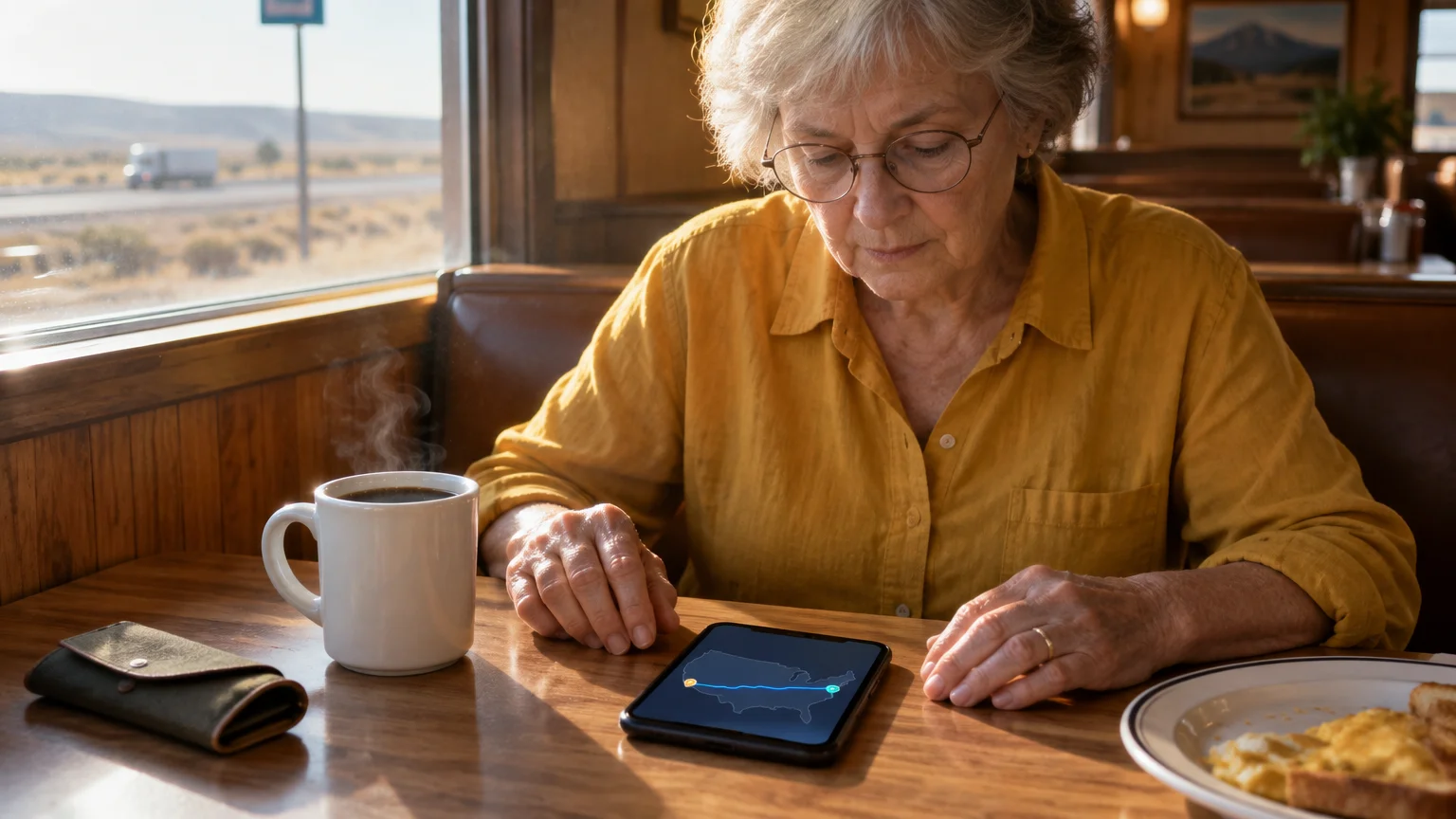 An older woman in a yellow shirt sits at a diner booth looking down at a smartphone displaying a route map.