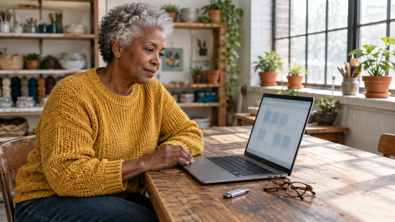 A woman with gray hair sits at a wooden table using a laptop, with eyeglasses and a flash drive nearby.