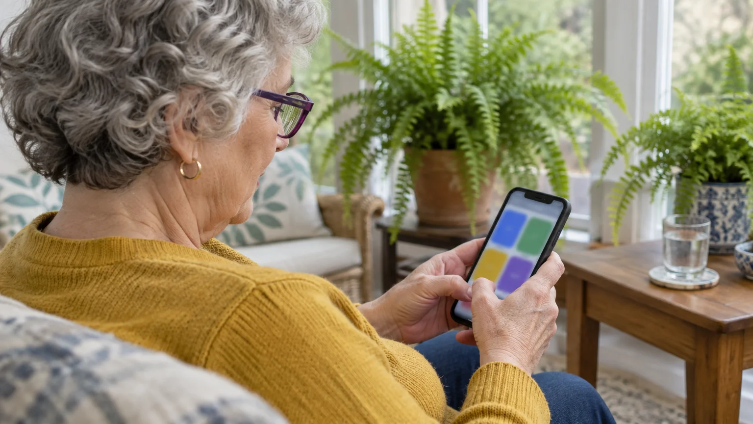 Senior woman with glasses sitting on a sofa and holding a smartphone with colorful app icons displayed.