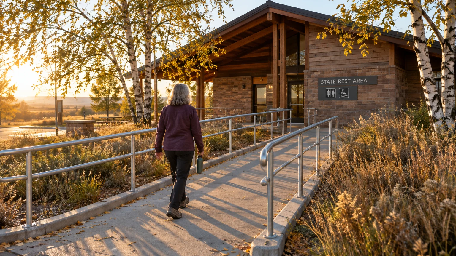 A person walks up a railed concrete ramp toward a wooden state rest area building bordered by birch trees at sunset.