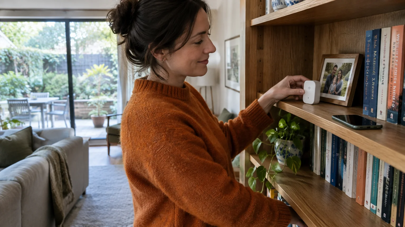 A woman in an orange sweater places a small white sensor on a wooden bookshelf in a bright living room.