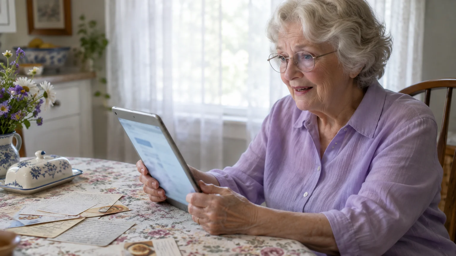 An older woman with glasses holding a tablet at a dining table covered in old letters and floral tablecloth.