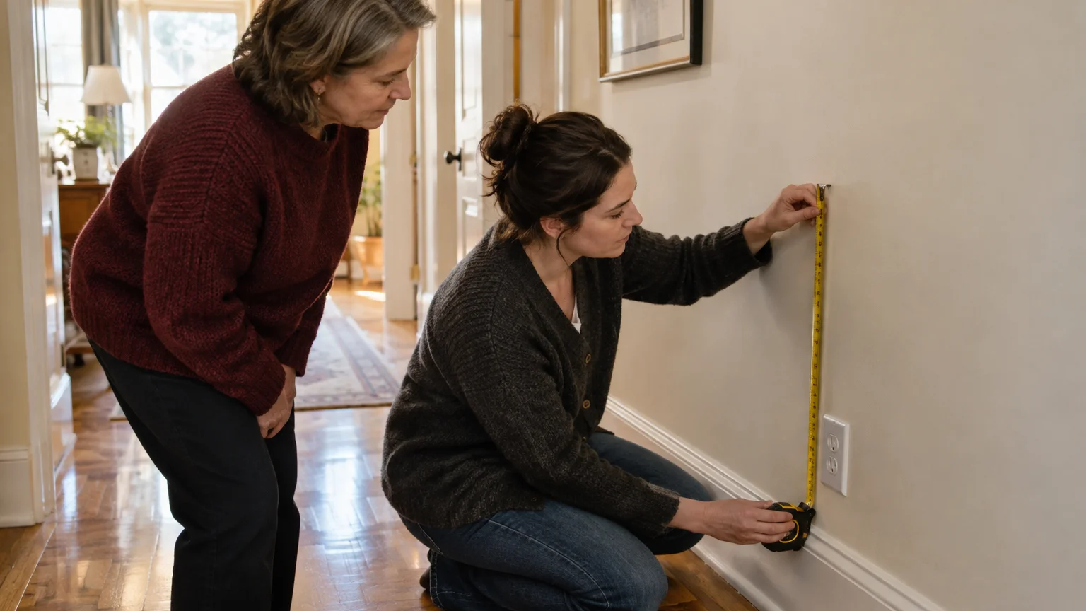 A woman kneels in a hallway using a yellow tape measure against a wall above an electrical outlet while another watches.