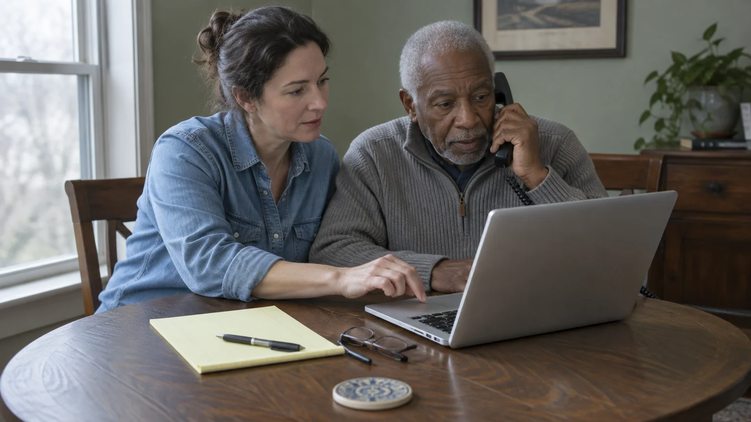 A woman points at a laptop screen beside an older man holding a telephone receiver at a wooden table.