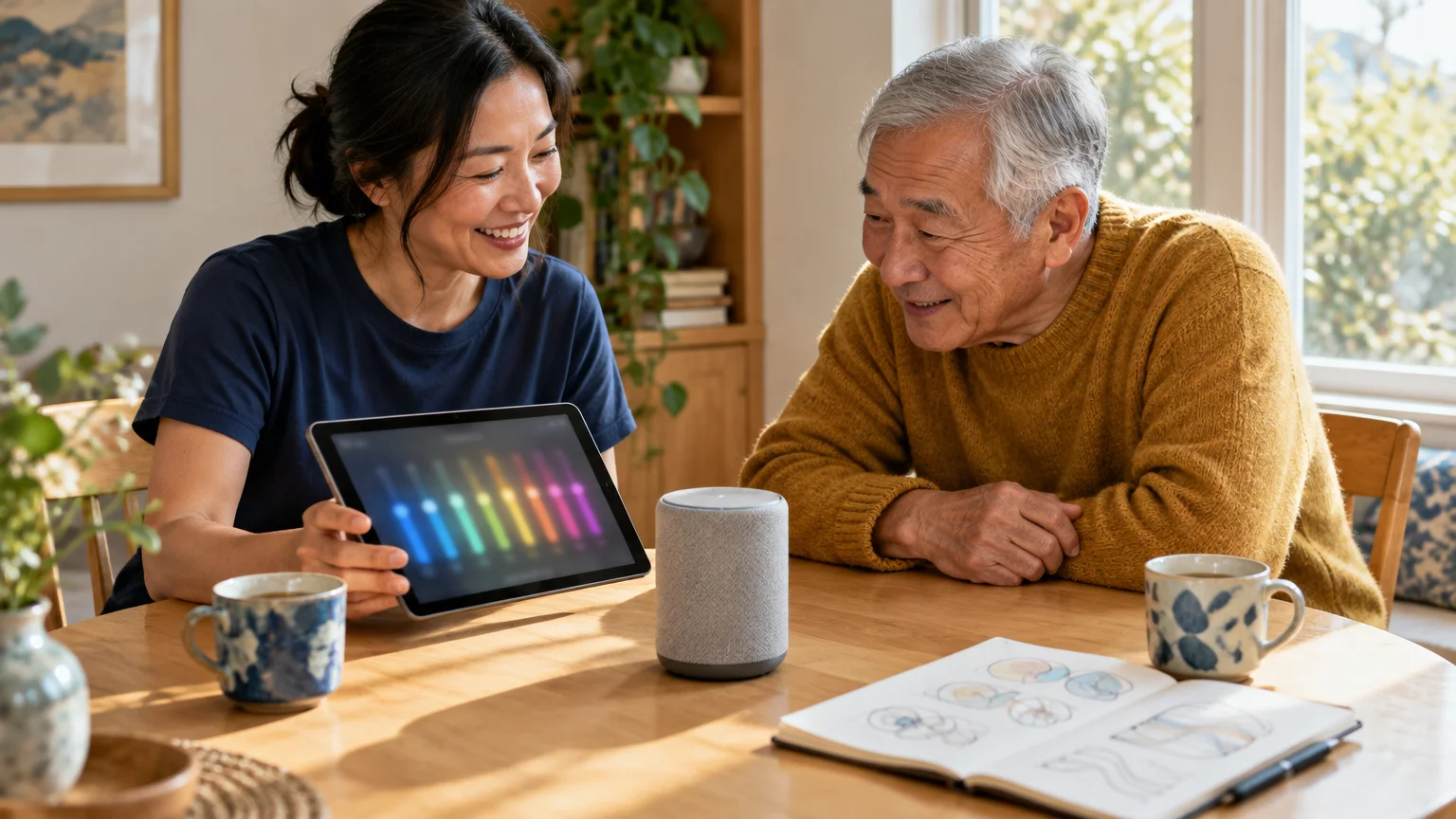 A woman and an older man sit at a dining table looking at a tablet displaying an audio equalizer beside a smart speaker.