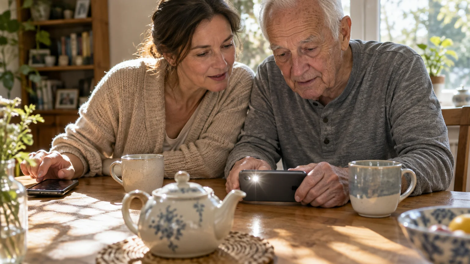 A woman and an older man sit at a dining table looking at a smartphone with its camera flashlight shining.