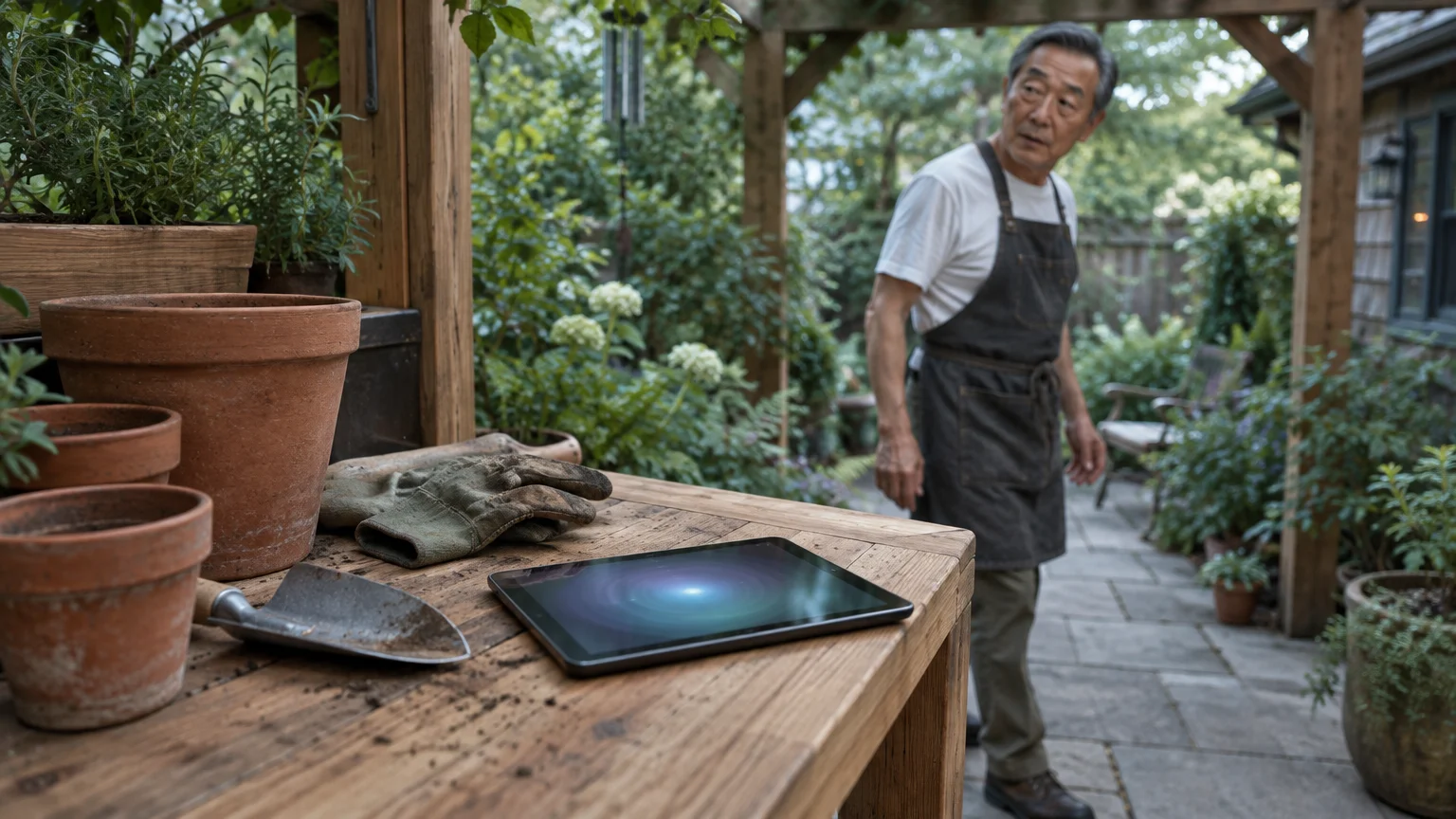 A man in a garden apron looks toward a tablet lying on a wooden potting bench with gardening tools.