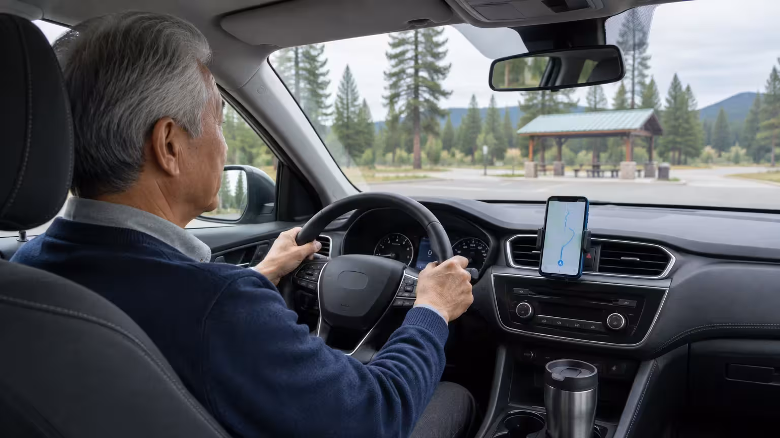 Man driving a car with a smartphone mounted on the dashboard displaying navigation toward an outdoor rest area.