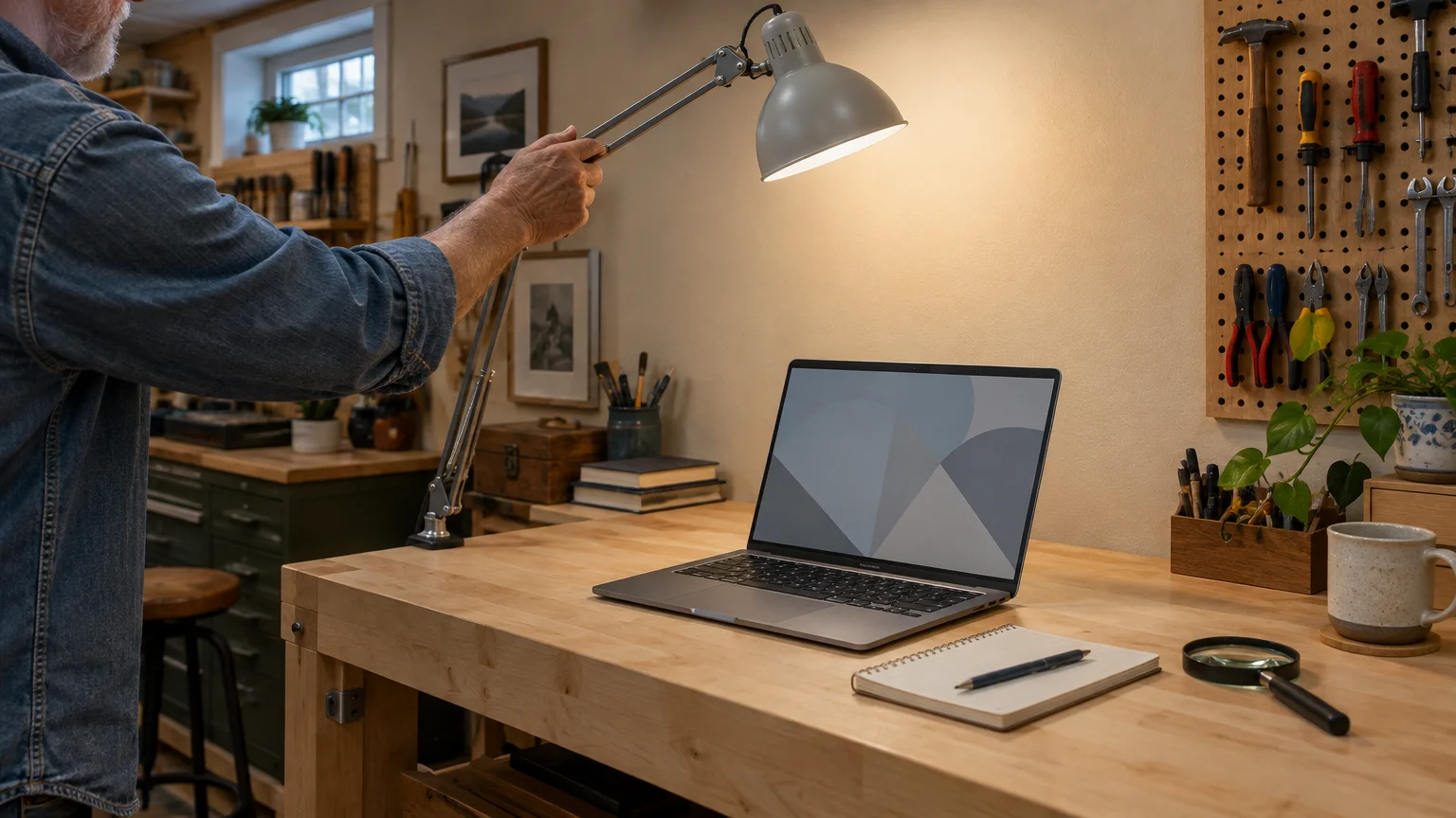 A person adjusts an articulated desk lamp over a wooden workbench with an open laptop, notebook, and pen.