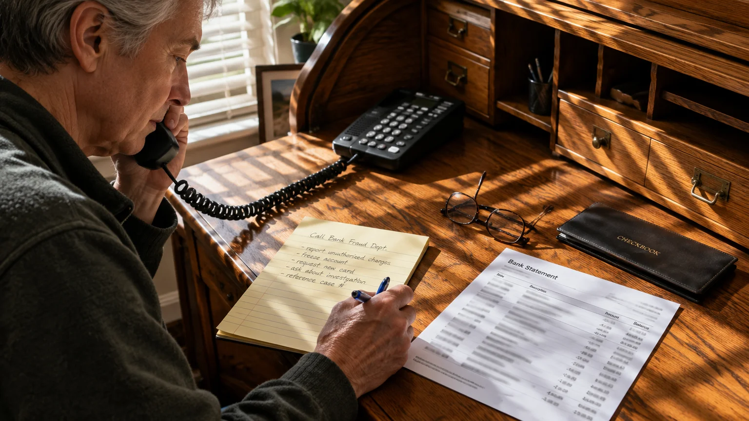 A man talking on a landline phone while writing notes on a yellow legal pad beside a bank statement at a wooden desk.