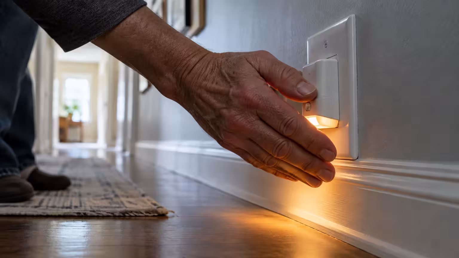 A person's hand reaches toward a small night light plugged into a low hallway wall outlet illuminating the baseboard.