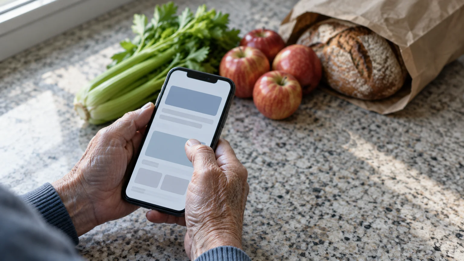 Person holding a smartphone over a granite counter next to celery, red apples, and bread in a paper bag.