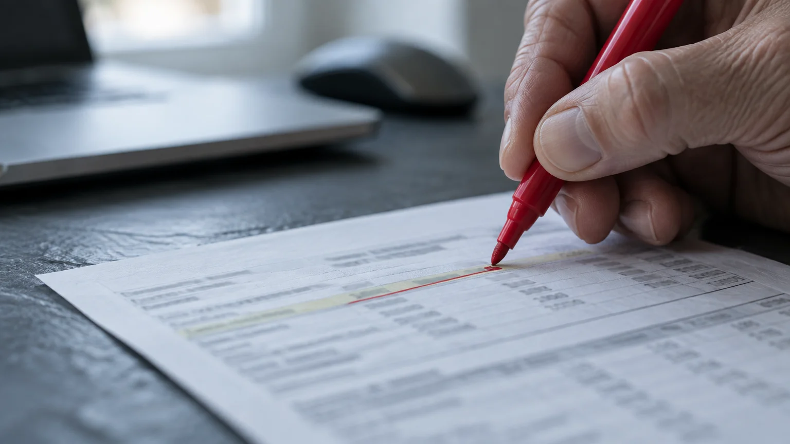 Close-up of a person's hand using a red marker to underline a line item on a printed financial statement next to a laptop.