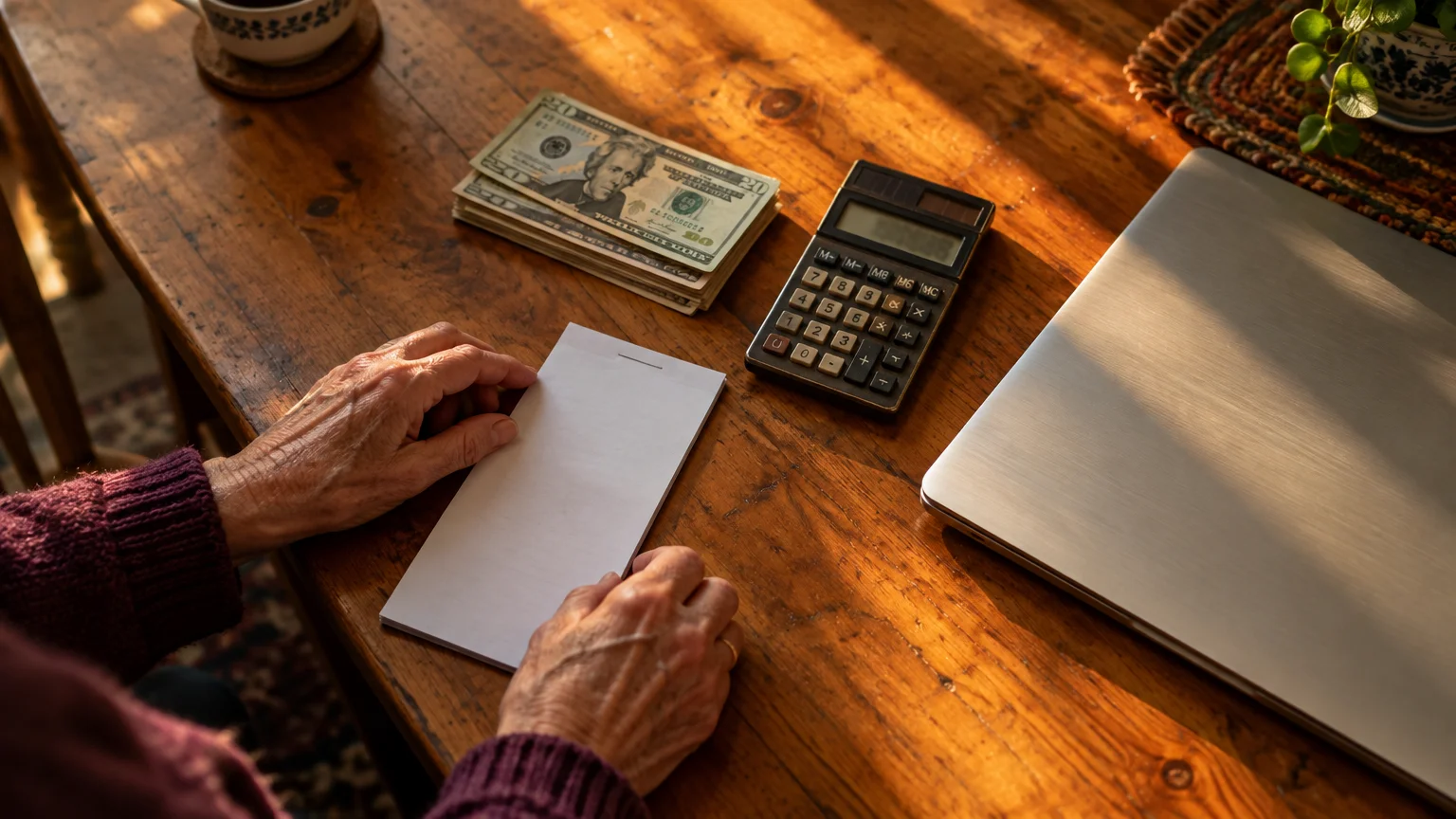 Senior's hands resting on a notepad next to a calculator, US dollar bills, and a closed laptop on a wooden desk.