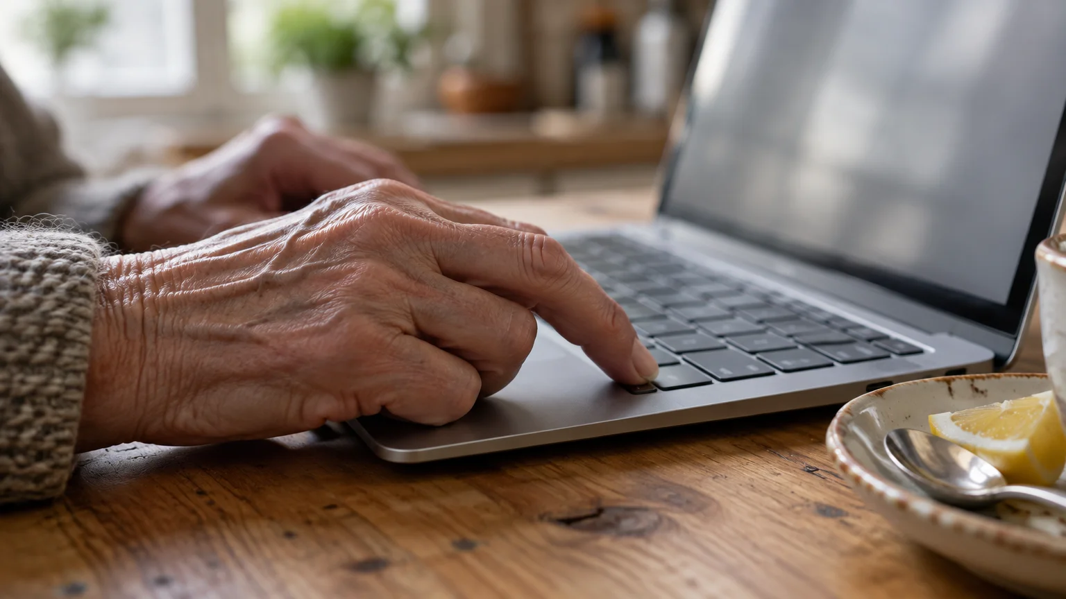 Close-up of an elderly person's hands resting on a laptop keyboard at a wooden table next to a teacup saucer.