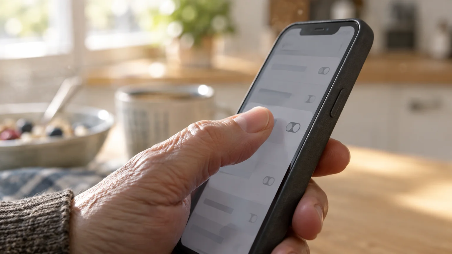 Close-up of a hand holding a smartphone displaying setting toggle switches on the screen at a sunny table.
