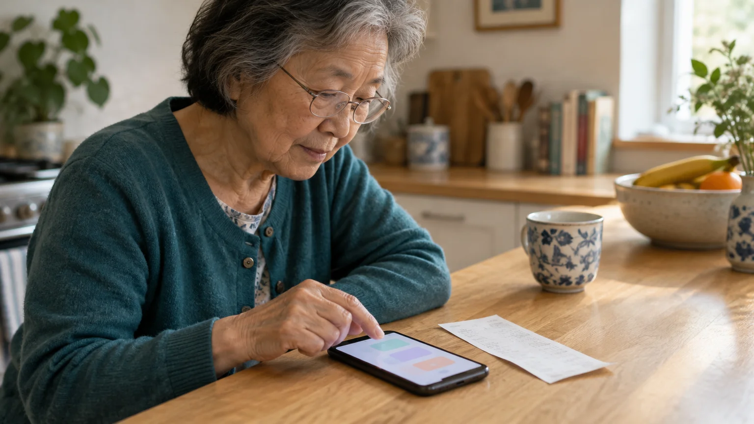 An older Asian woman wearing glasses taps the screen of a smartphone resting on a wooden kitchen table next to a receipt.