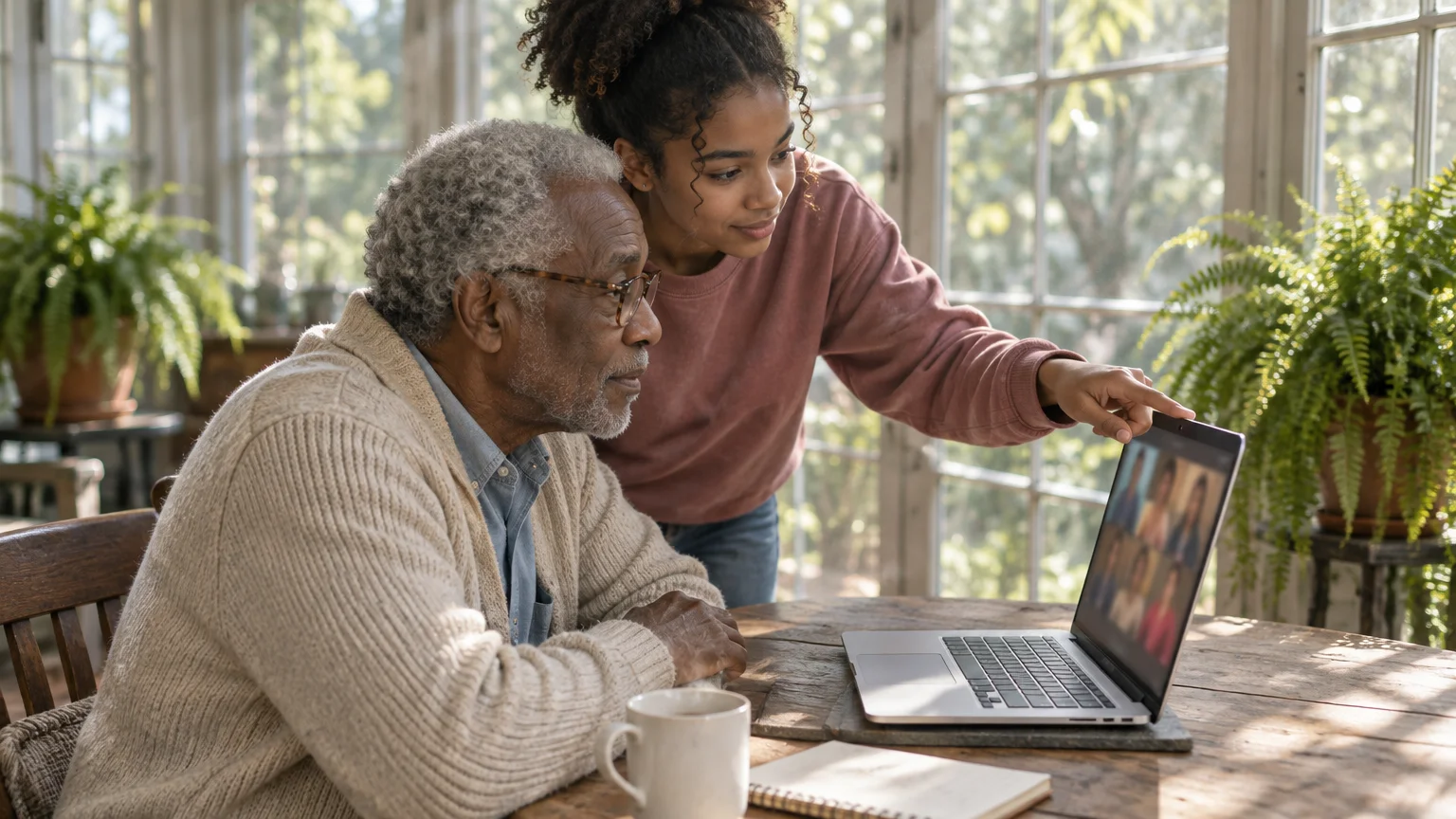 A young woman points at a laptop screen showing a video call while an older man watches beside her at a wooden table.