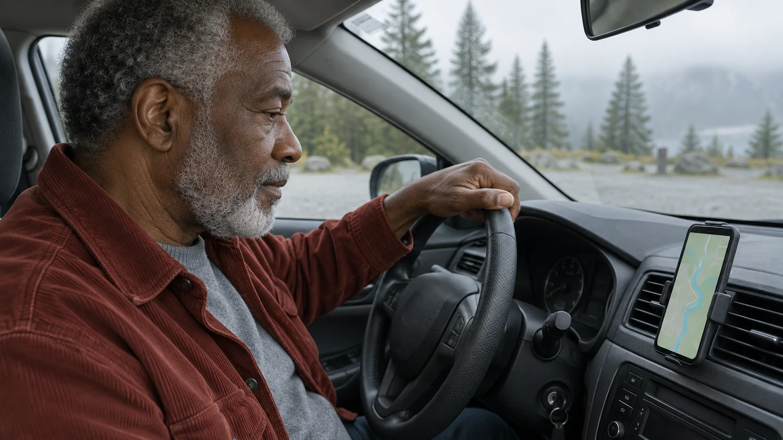 Senior man driving a car while looking at a smartphone mounted to the dashboard displaying a digital map app.