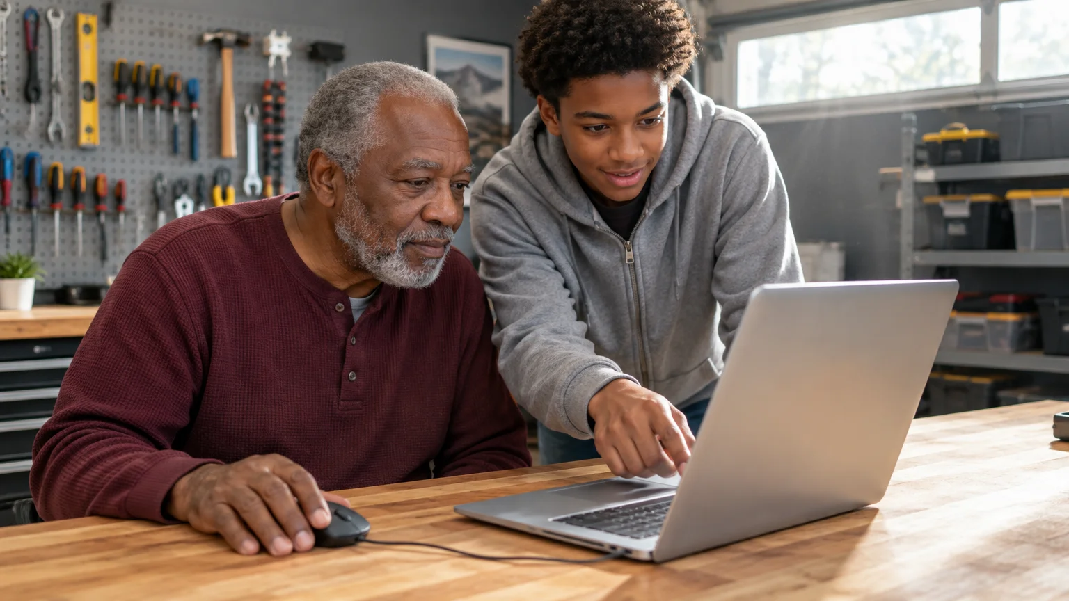 An older man and a teenage boy looking at a laptop together at a wooden workbench in a workshop.