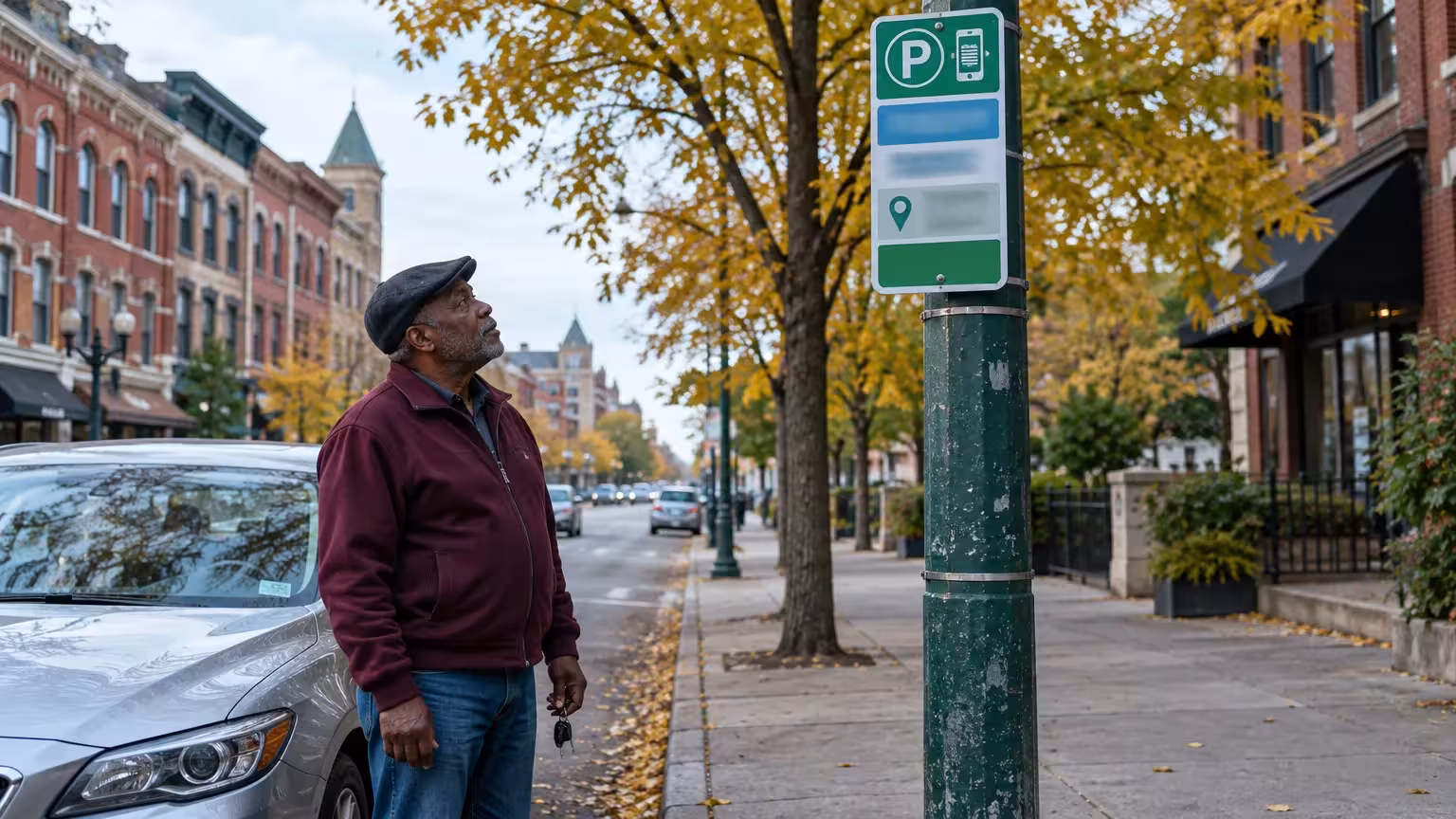 A man stands on a city sidewalk looking up at a green parking meter app zone sign mounted on a post.