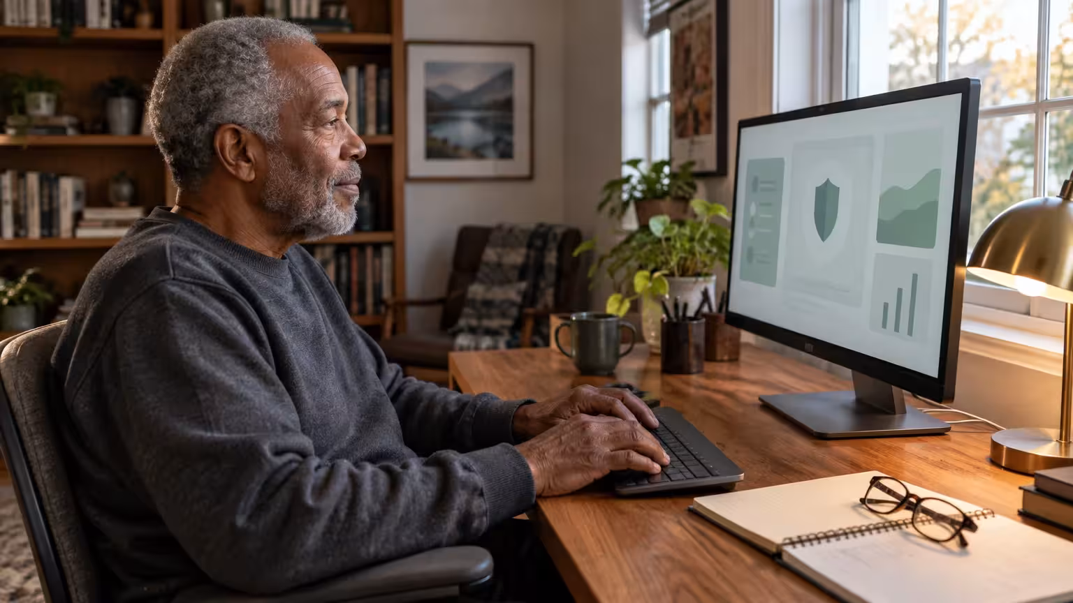 An older man with gray hair sits at a wooden desk typing on a keyboard, looking at a monitor displaying security graphs.