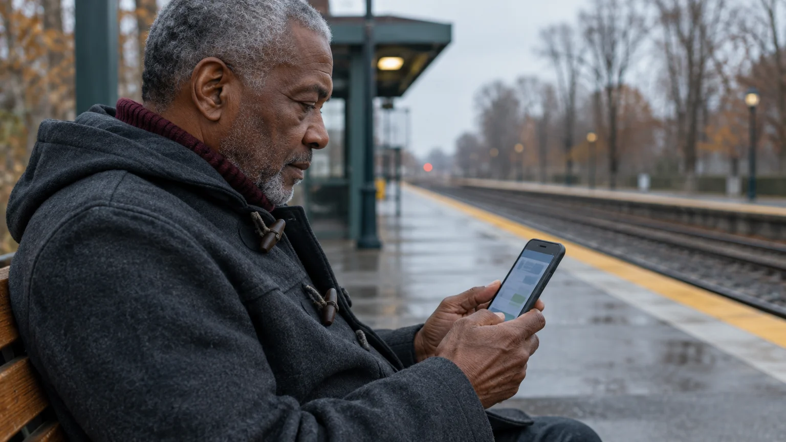 Older man with gray hair sits on a wooden bench at a wet train platform, holding and looking at a smartphone.