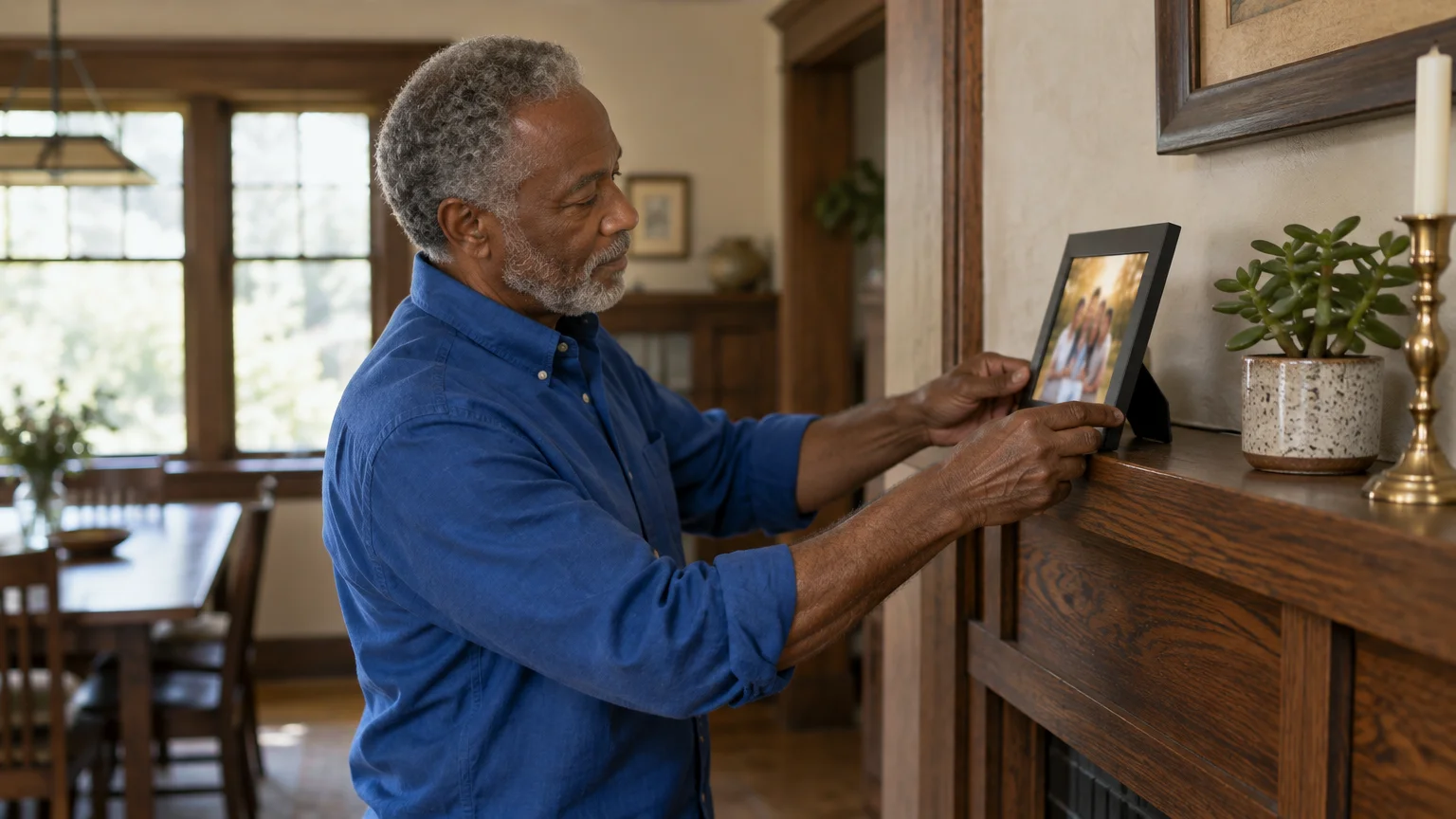 A man places a digital photo frame displaying a family picture onto a wooden fireplace mantel.