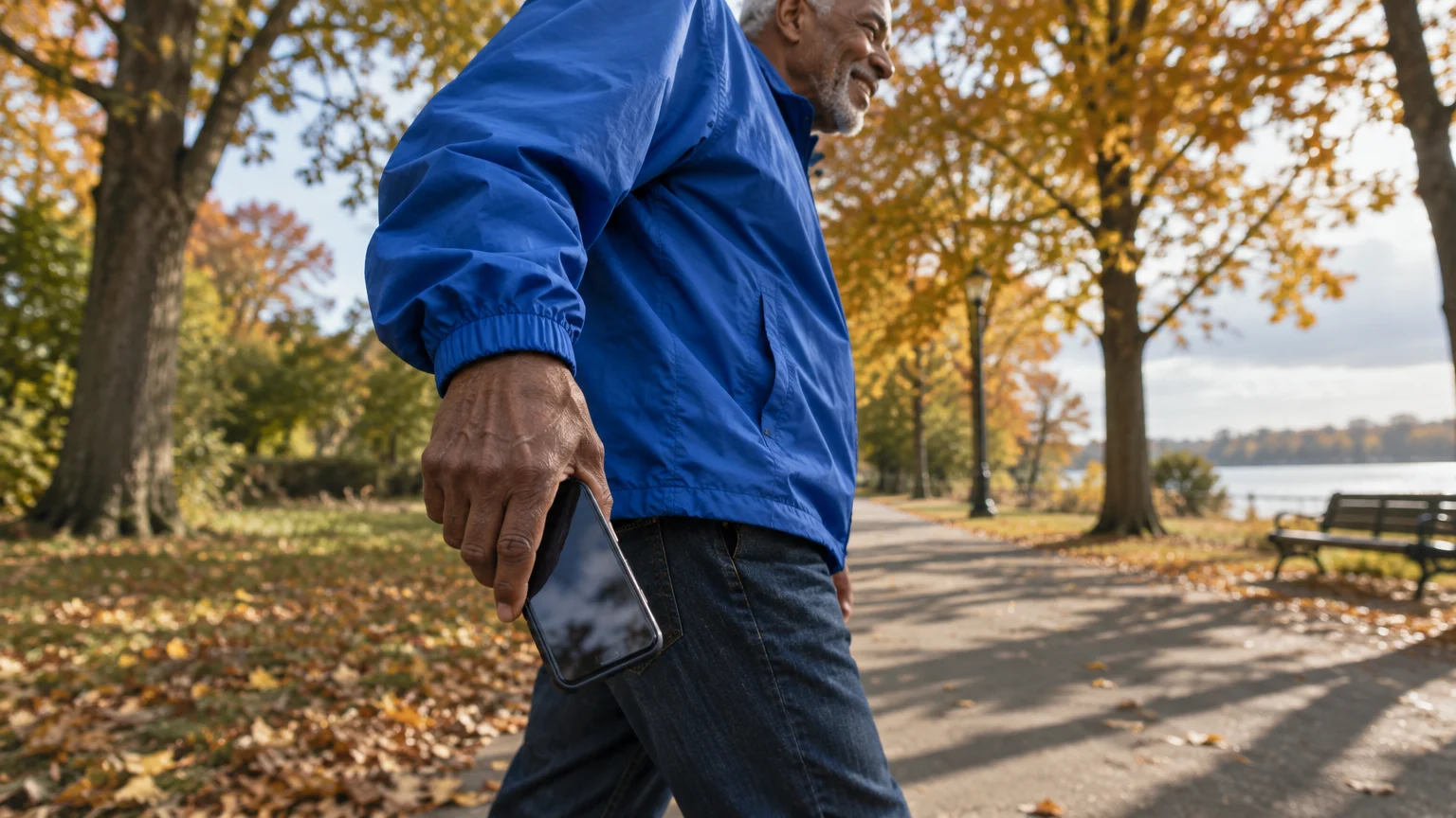 A smiling senior man in a blue jacket walking down an autumn park path while holding a black smartphone by his side.