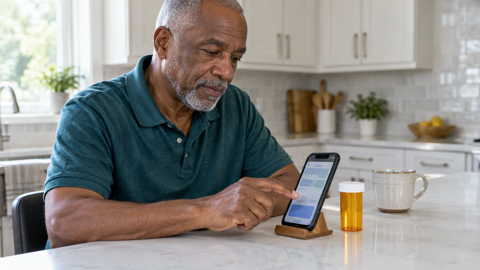 Older Black man sitting at a kitchen counter using a smartphone propped on a stand next to a pill bottle and mug.