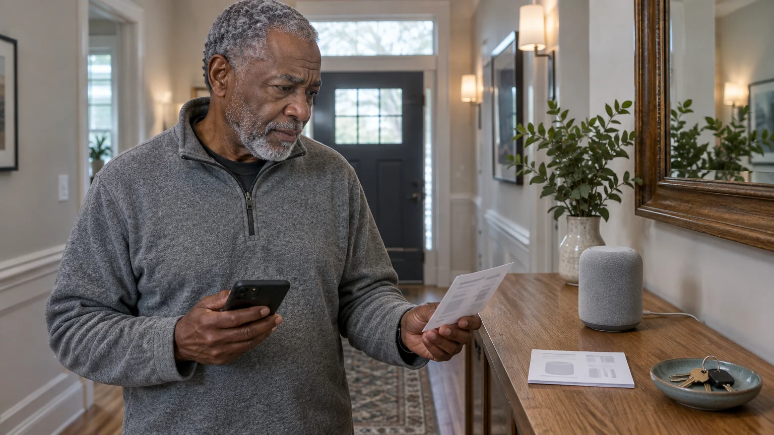 Older man holding a smartphone and instruction paper standing near a smart speaker on a console table in a hallway.