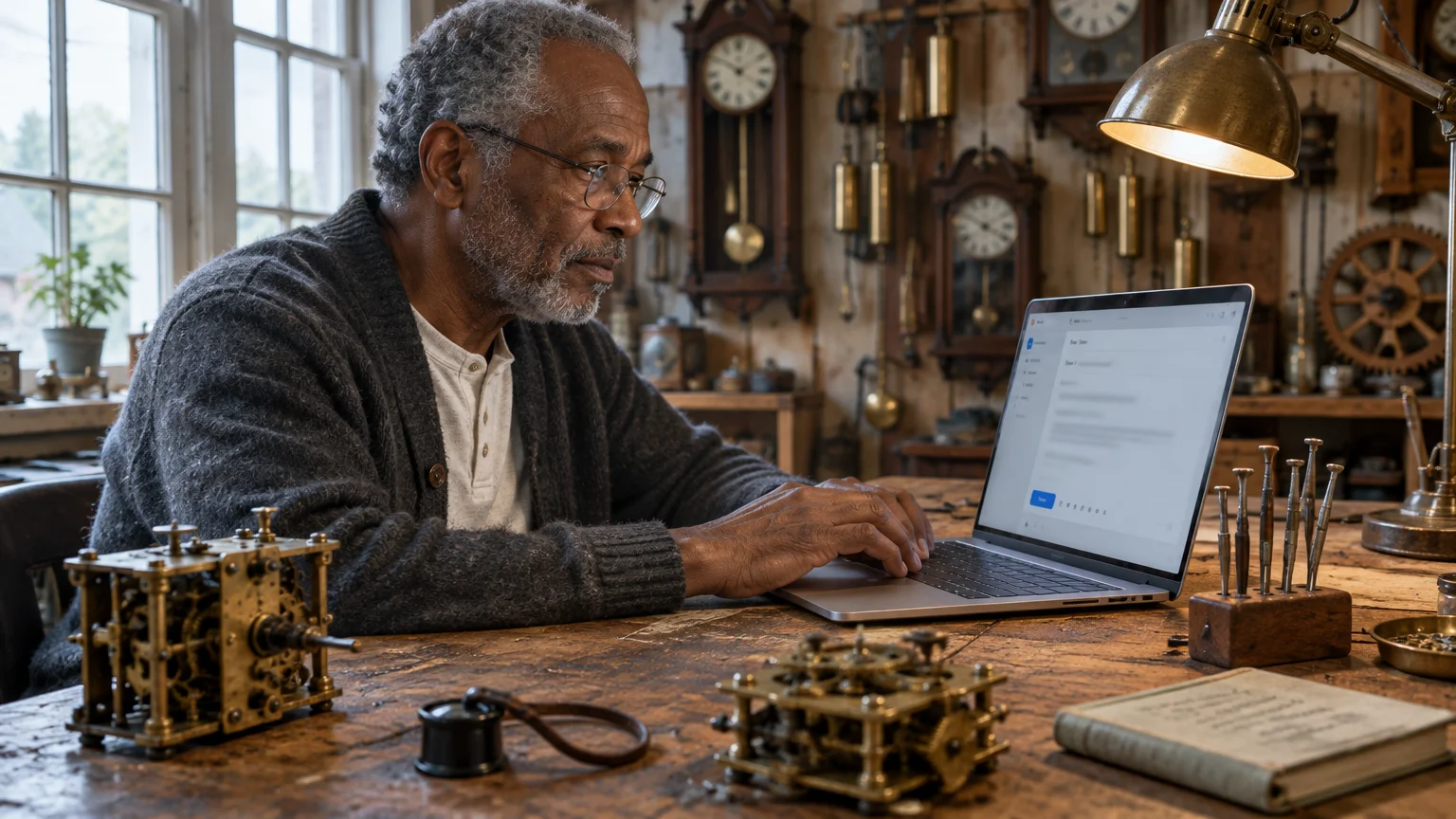 Older man typing on a laptop at a wooden workbench surrounded by antique clocks and clockwork mechanisms.