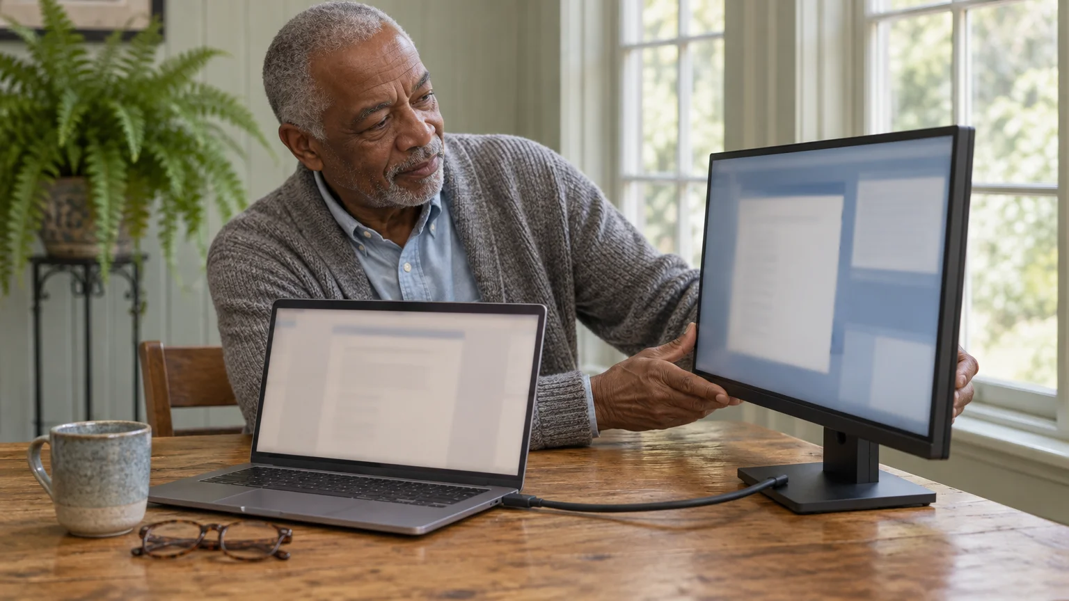 An older man adjusts an external monitor connected by a cable to his laptop on a wooden table.