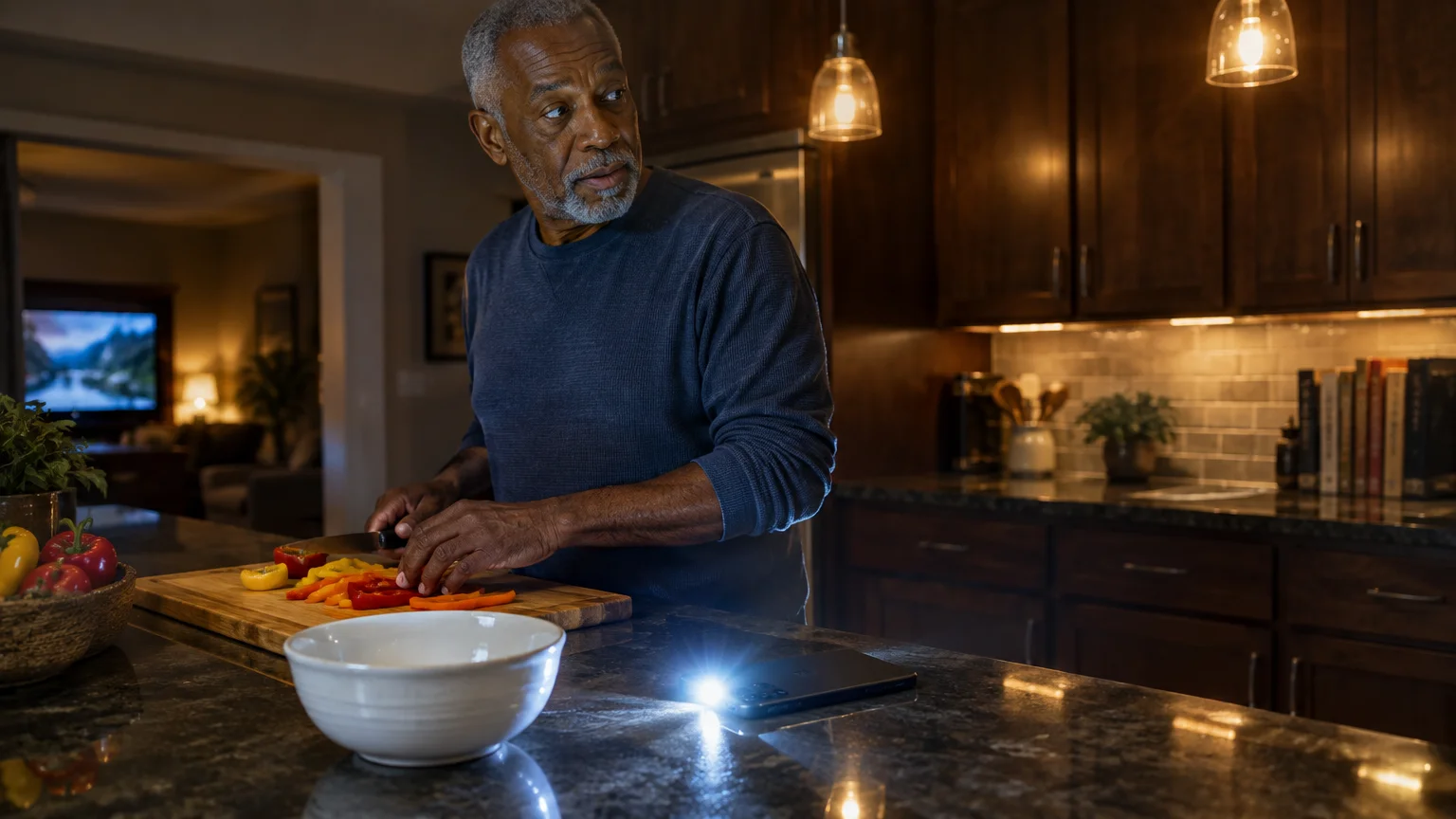 A man chopping peppers in a kitchen notices a smartphone flashing bright light on the dark countertop.
